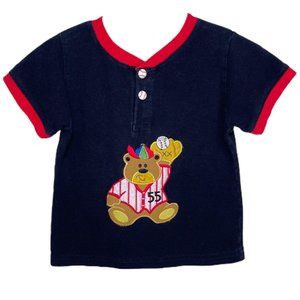 Vintage Boys Baseball Teddy Bear Appliqué Baseball Short Sleeve T Shirt Top 2T